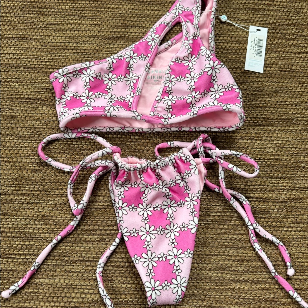 Frankie's Bikinis Pink and White Floral Asymmetrical Swimwear